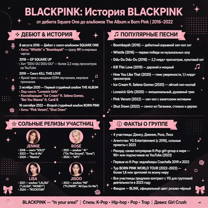 BLACKPINK: главные песни, путь к мировой сцене и факты о группе