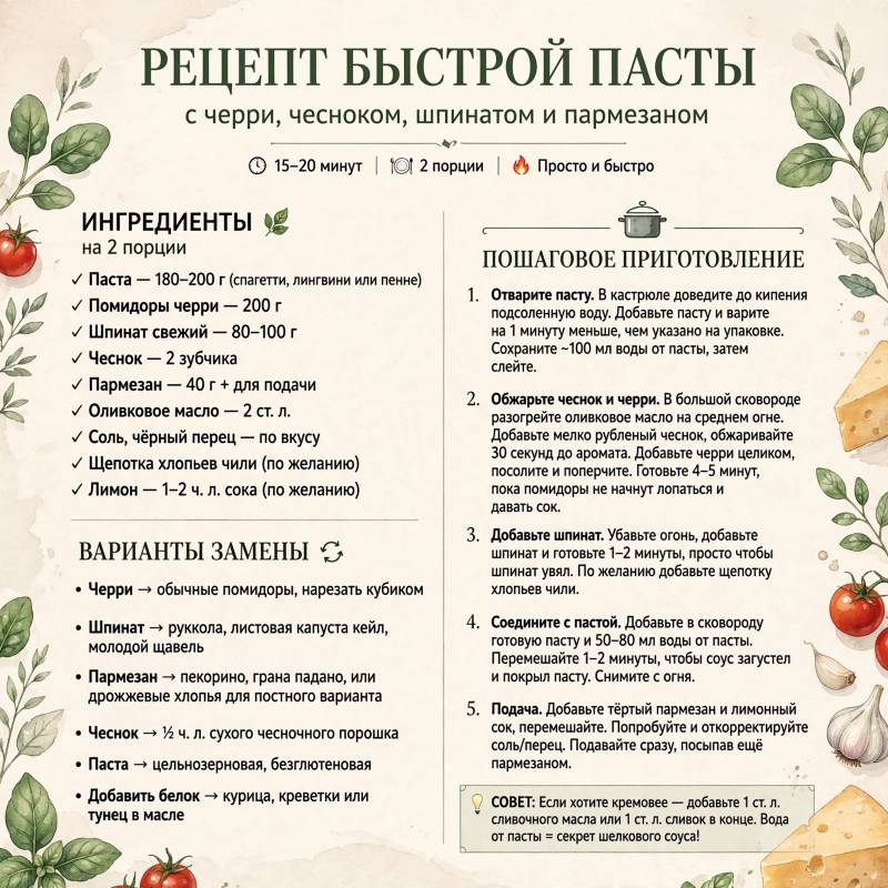 Быстрая паста с помидорами черри и шпинатом: рецепт за 20 минут