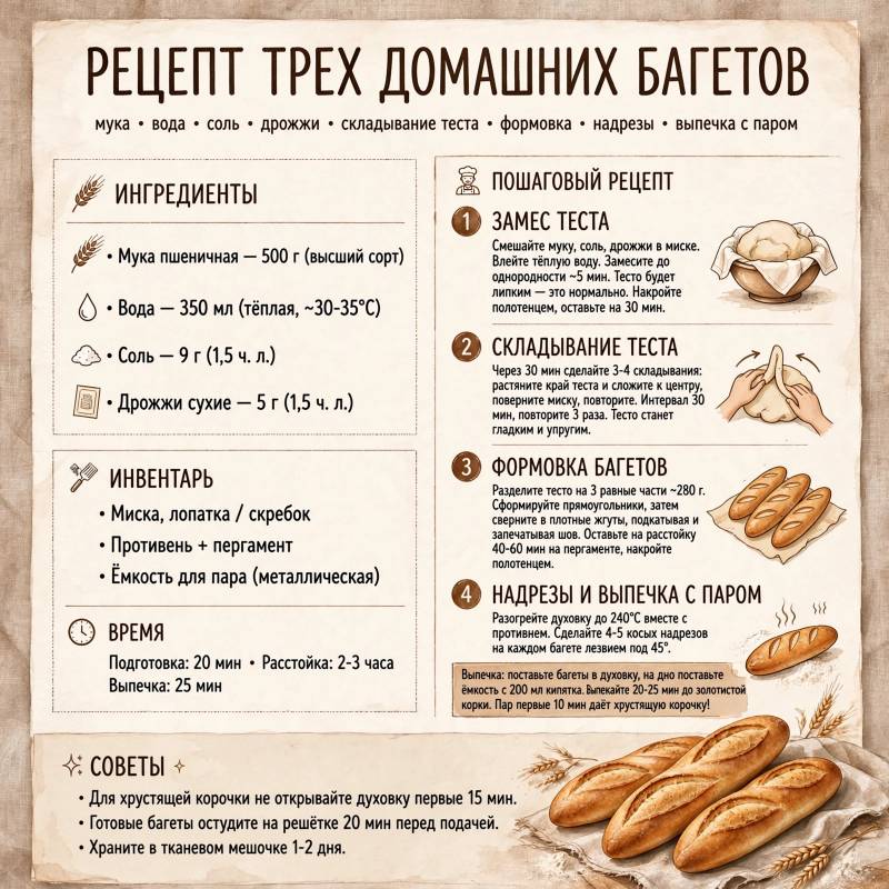 Французский багет дома: рецепт с хрустящей корочкой