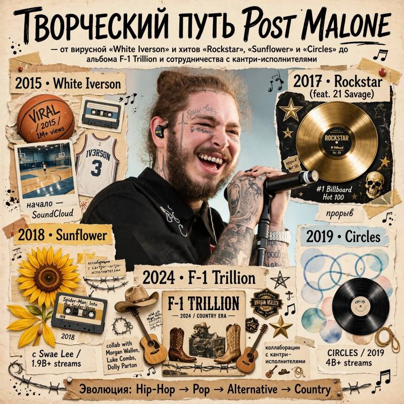 Как Post Malone пришёл к успеху: от «White Iverson» до кантри-альбома