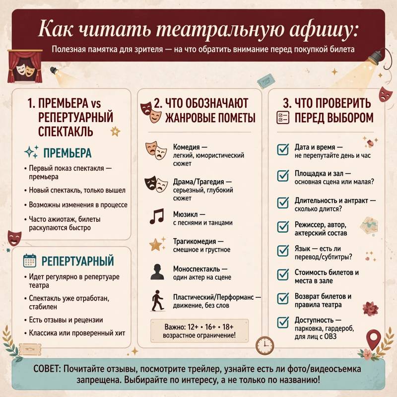 Как устроена театральная афиша: премьеры, репертуар и жанры спектаклей