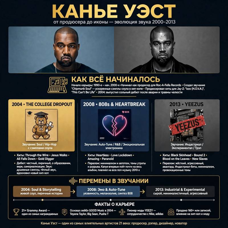 Канье Уэст: главные песни, путь от продюсера до рэп-звезды и факты о карьере