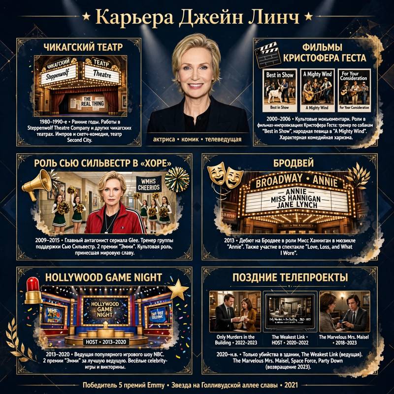 Карьера Джейн Линч: от чикагской сцены до «Хора» и «Убийств в одном здании»