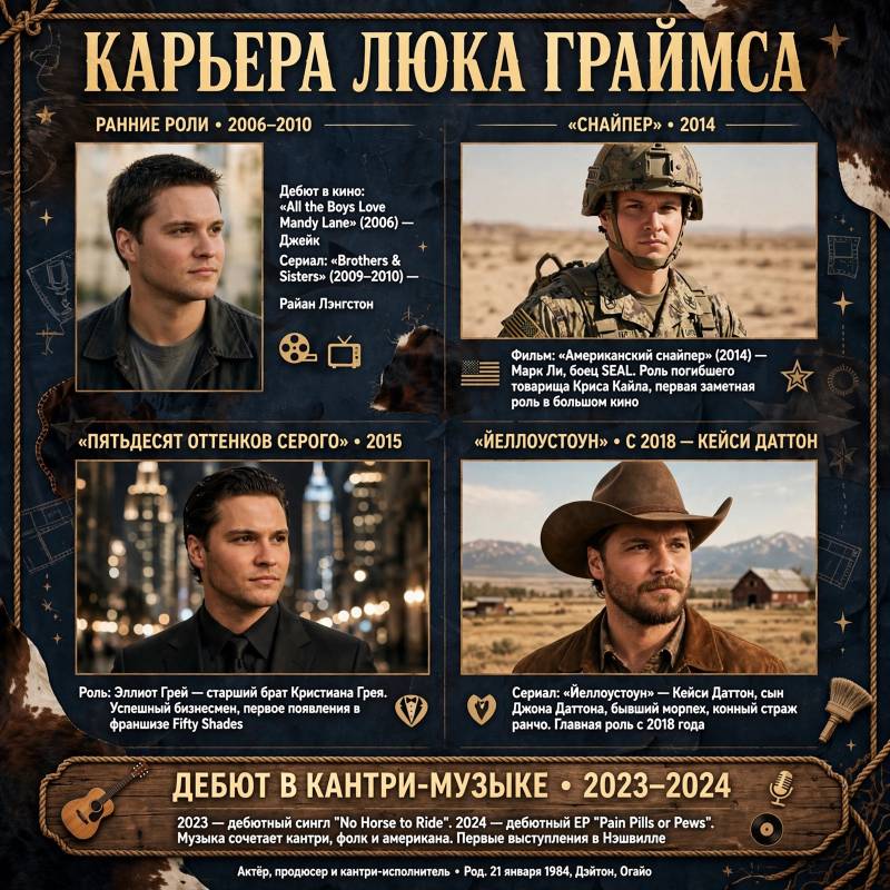 Карьера Люка Граймса: от первых ролей до «Йеллоустоуна» и музыки
