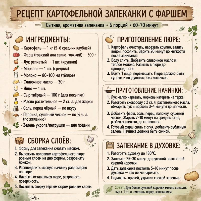 Картофельная запеканка с фаршем: ингредиенты и пошаговый рецепт