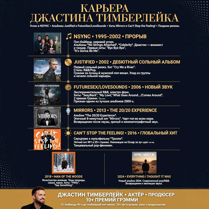 Музыкальная карьера Джастина Тимберлейка: от NSYNC до сольных хитов