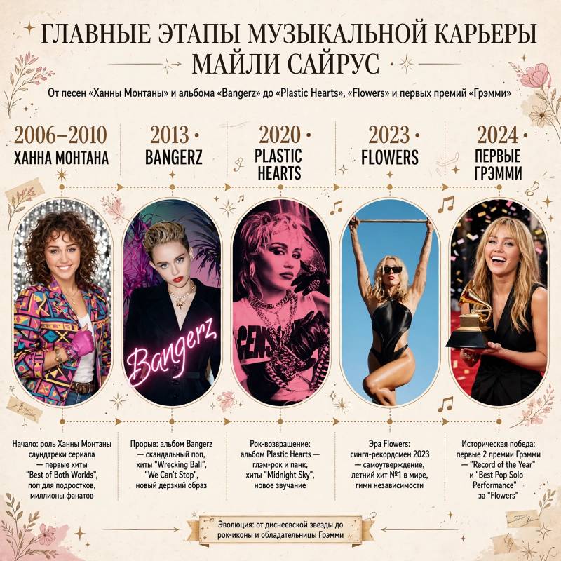 Музыкальная карьера Майли Сайрус: от «Ханны Монтаны» до «Flowers»
