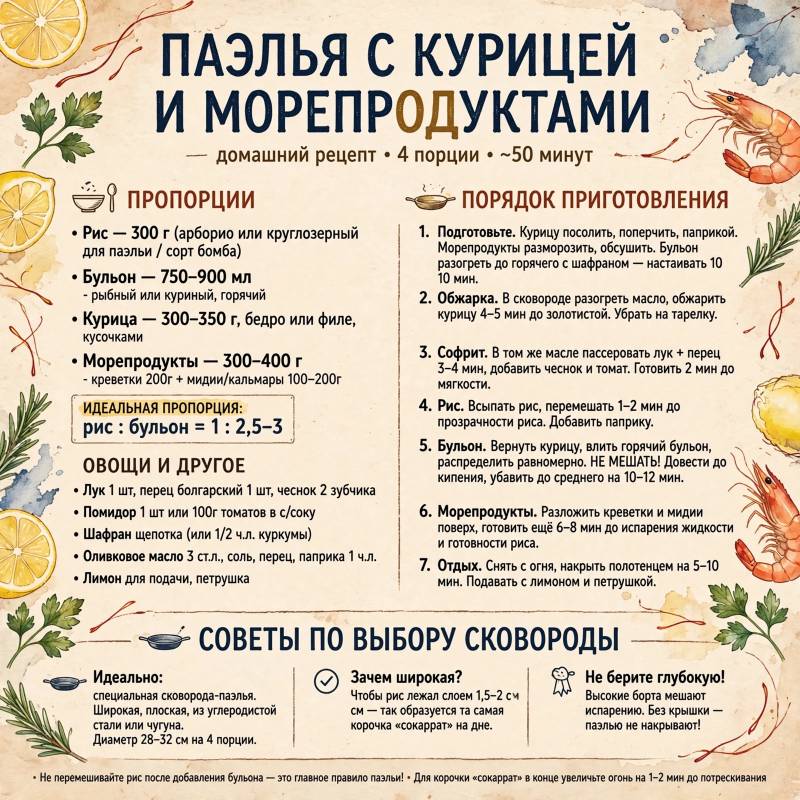 Паэлья дома: рецепт с курицей и морепродуктами и тонкости приготовления