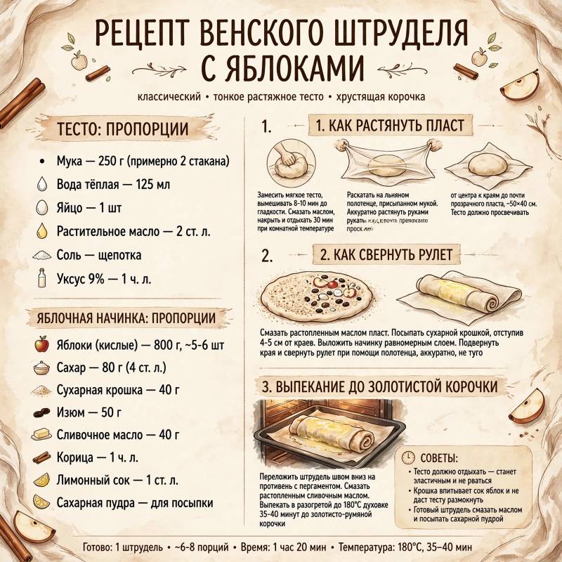 Простой рецепт венского штруделя: тонкое тесто и сочная яблочная начинка