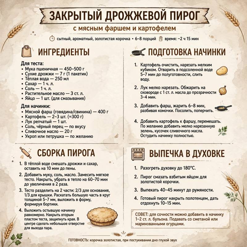 Сытный пирог с мясом и картофелем: ингредиенты и пошаговый рецепт