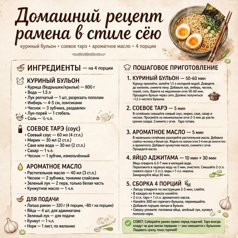 Японский рамен дома: рецепт с куриным бульоном и соевым тарэ