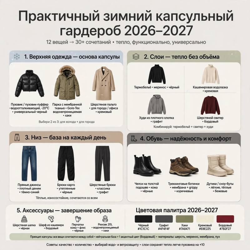 Зимний капсульный гардероб 2026–2027: практичные комплекты на каждый день